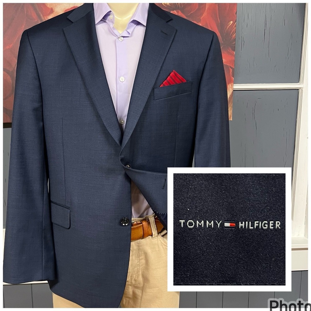 Tommy Hilfiger Blazer Jacket Sport Coat Mens 46R Polyester Blend Stretch Navy